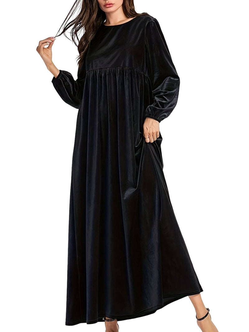ChantMantras Women's Long Sleeve Velvet Maxi Dress in Black
