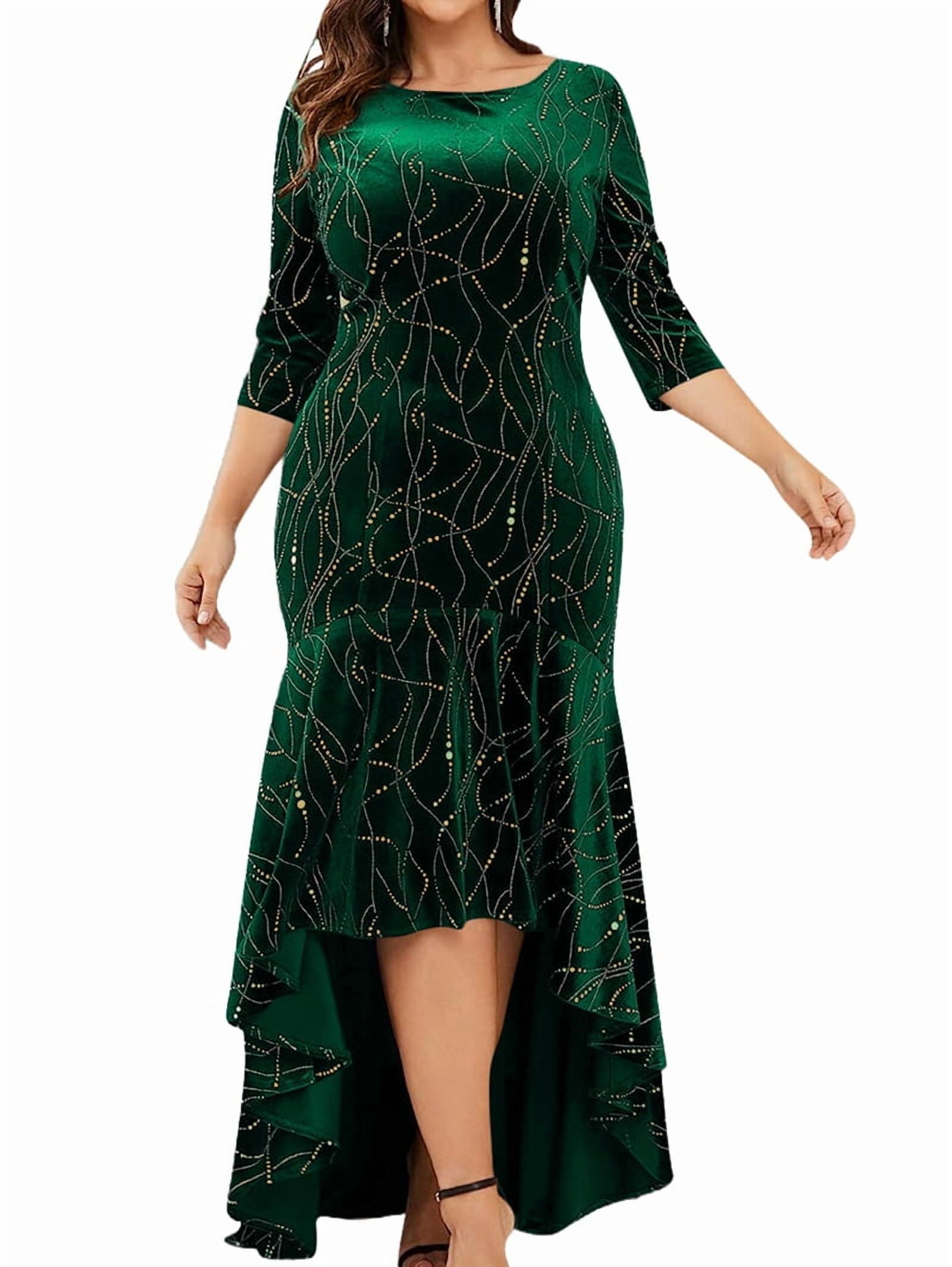 ChantMantras Women's Plus Size Velvet Mermaid Maxi Dress with High Low Hem in Green and Gold
