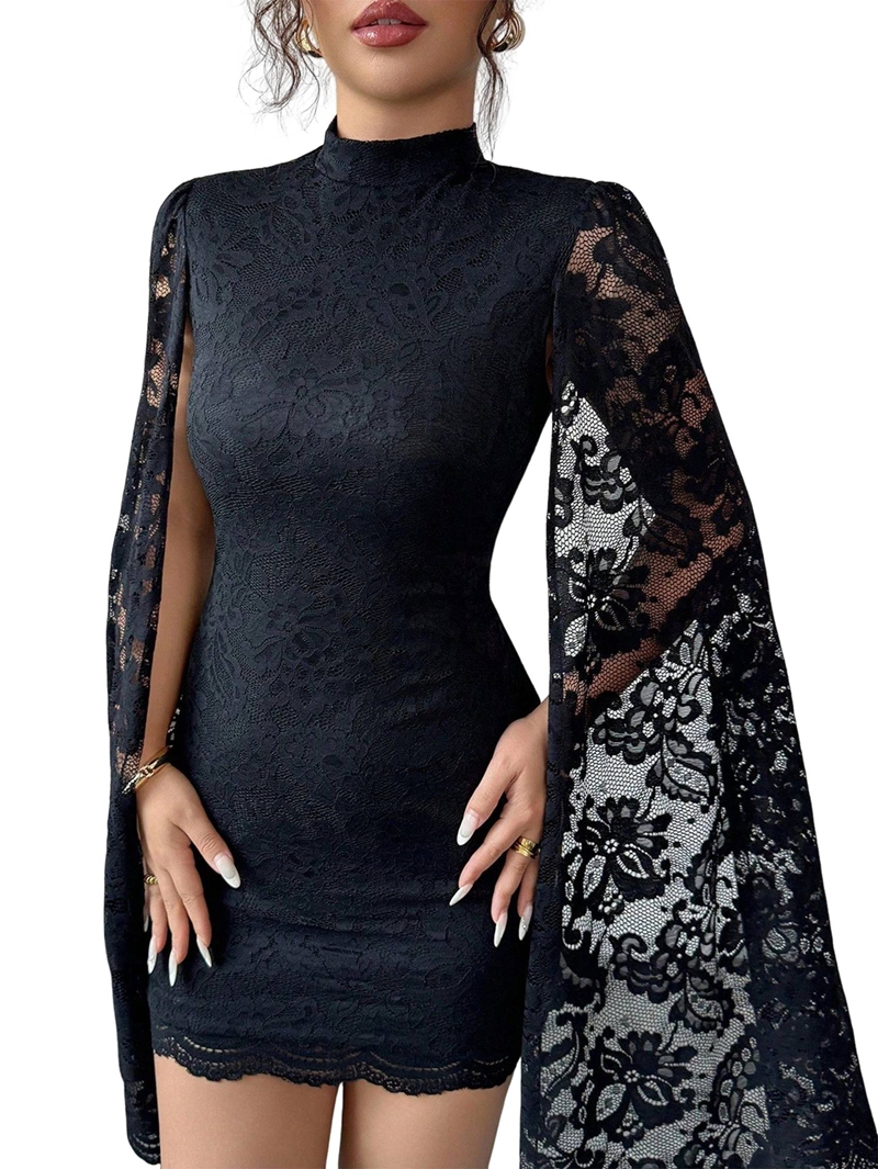ChantMantras Women's Mock Neck Mini Dress with Lace Cape Sleeves in Black (photo 2)