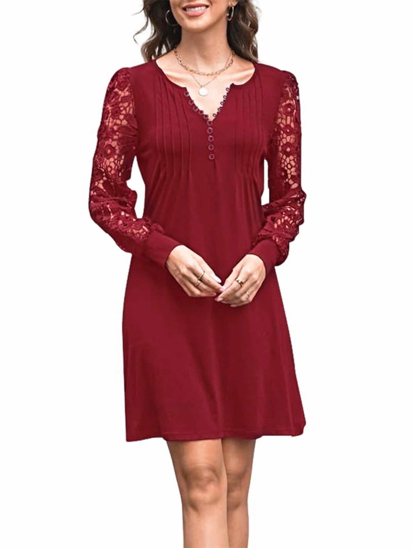 ChantMantras Women's Lace Sleeve Pintuck Shift Dress in Wine Red (photo 2)