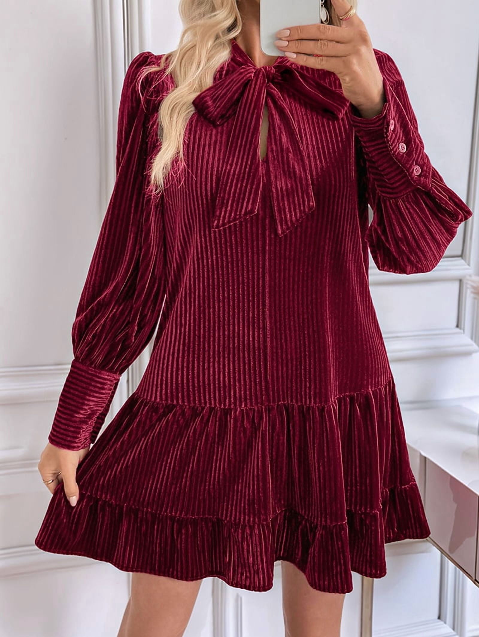 ChantMantras Women's Bow Tie Neck Velvet Babydoll Mini Dress in Wine Red (photo 6)