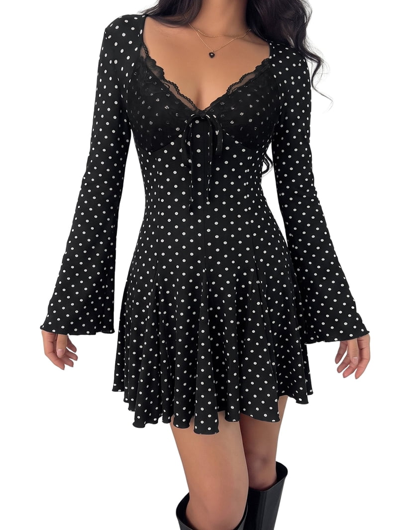 ChantMantras Women's Polka Dot Lace Trim Long Sleeve Mini Dress in Black