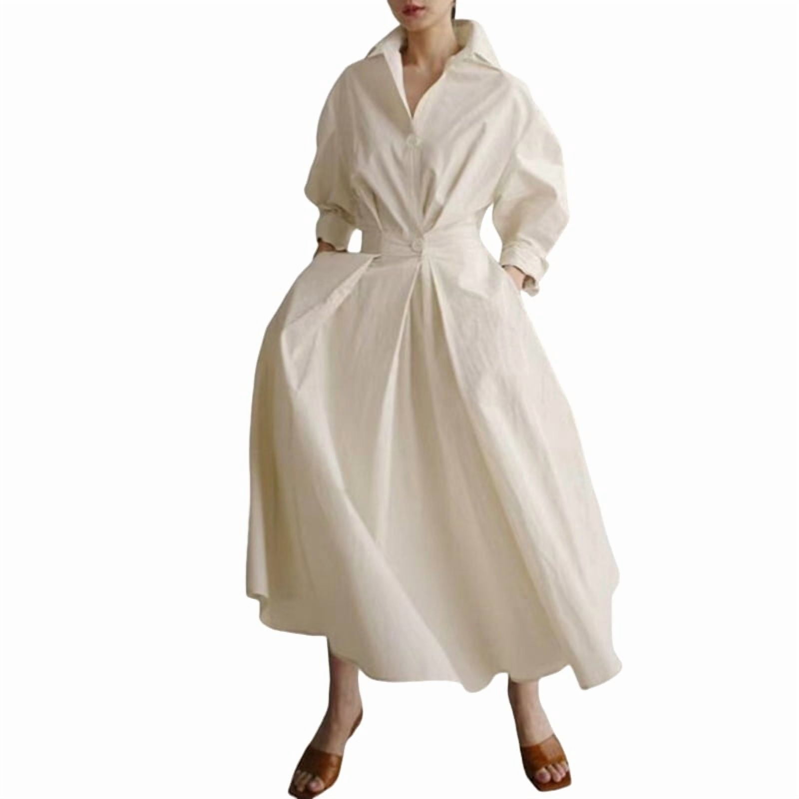 ChantMantras Women's Cotton Maxi Shirt Dress with Pockets in Cream