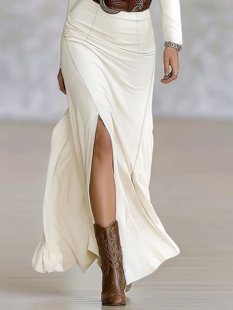 ChantMantras Women's Long Sleeve Maxi Shirt Dress with Front Slit in Ivory (photo 5)