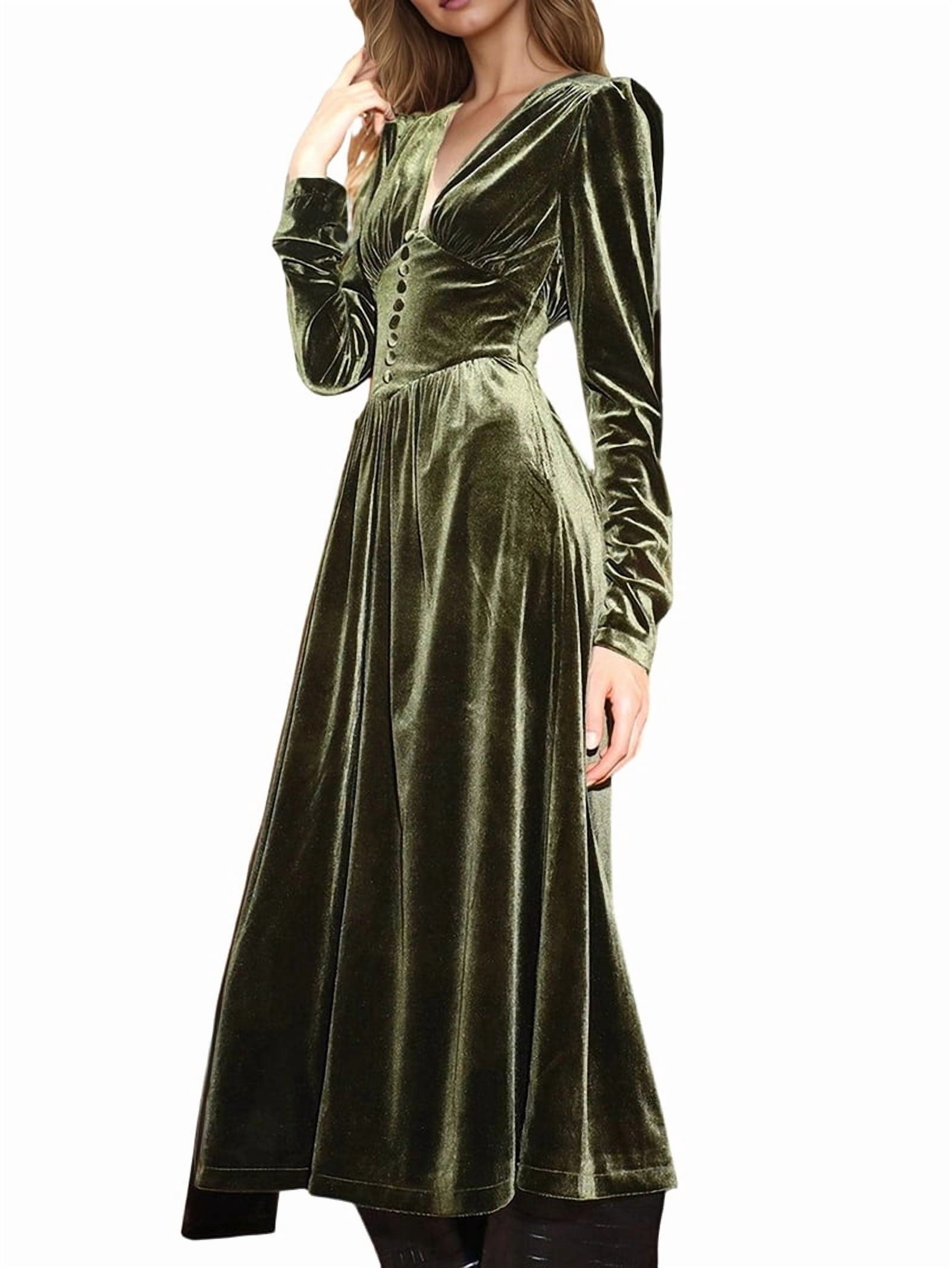 ChantMantras Women's Puff Sleeve Velvet Midi Dress in Olive Green