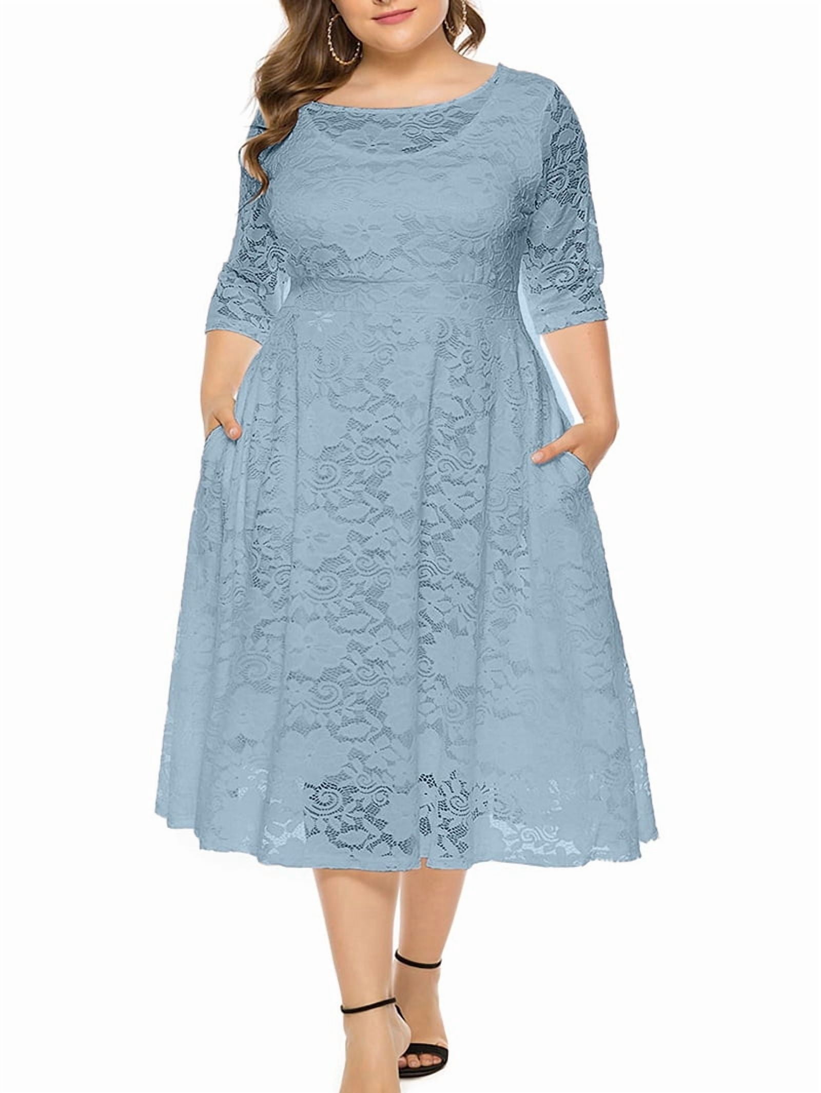 ChantMantras Women's Floral Lace Midi Dress with Pockets in Dusty Blue