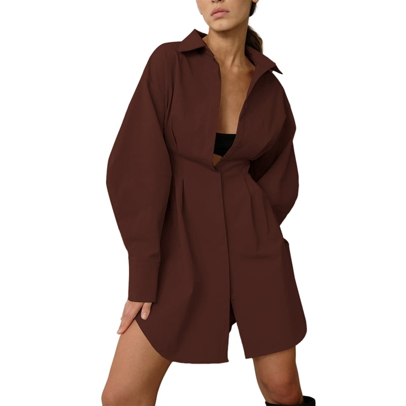 ChantMantras Women's Long Sleeve Pleated Waist Shirt Dress in Brown