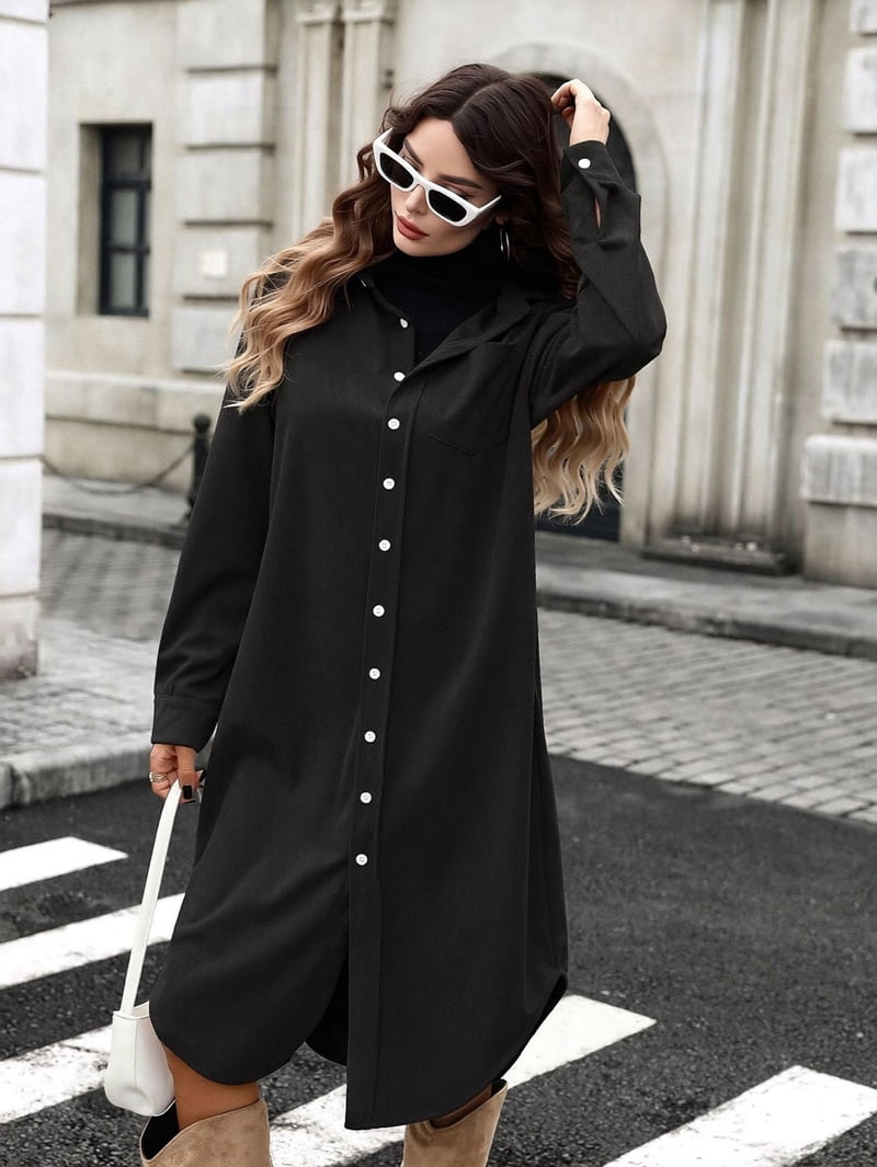 ChantMantras Women's Corduroy Shirt Dress in Black (photo 7)