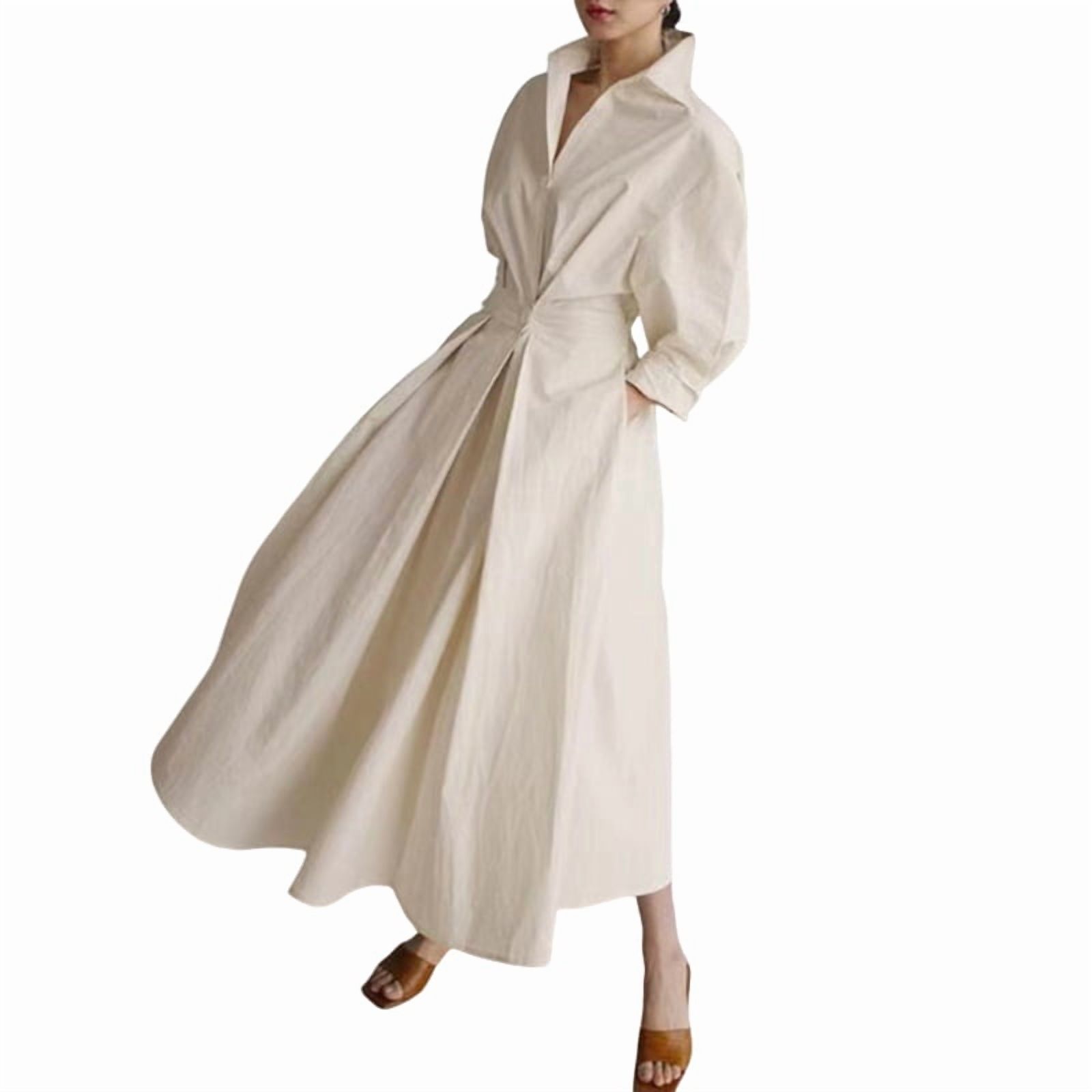 ChantMantras Women's Cotton Maxi Shirt Dress with Pockets in Cream (photo 2)