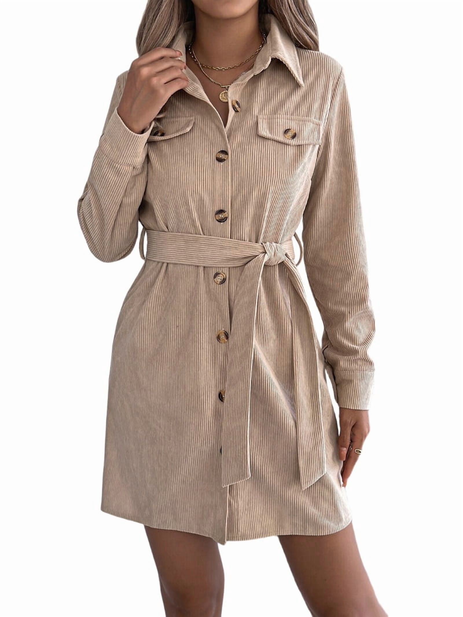 ChantMantras Women's Belted Long Sleeve Mini Shirt Dress in Tan