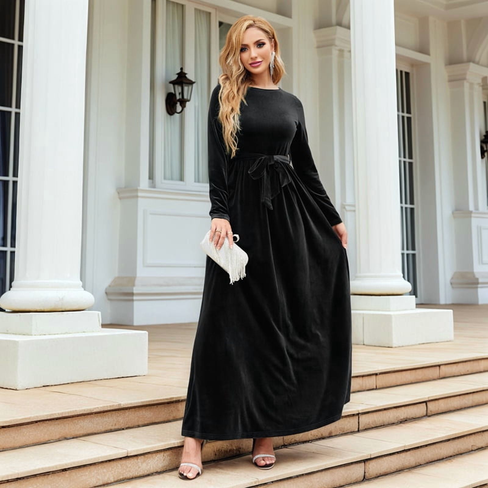ChantMantras Women's Belted Velvet Maxi Dress with Pockets in Black (photo 6)