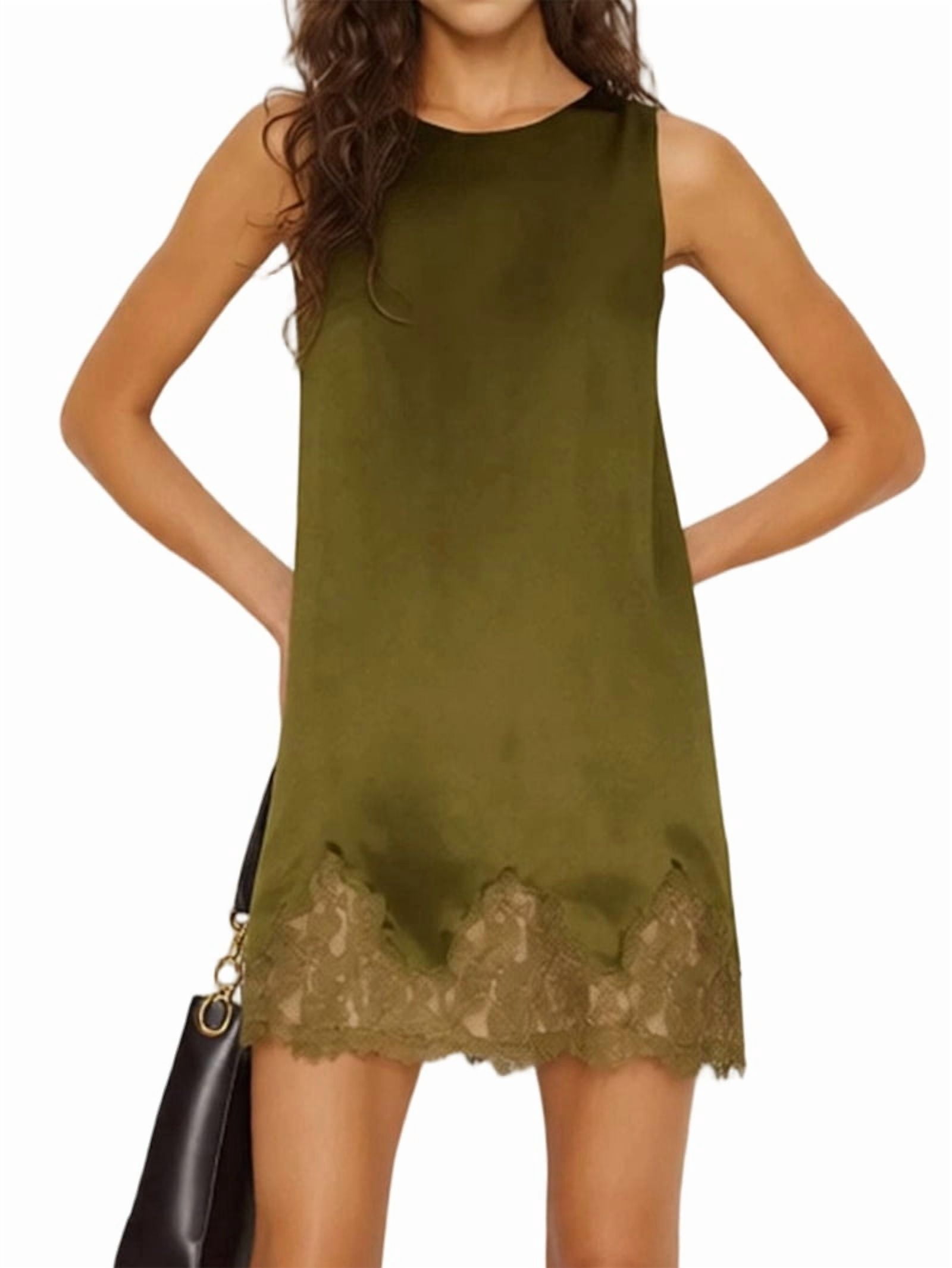 ChantMantras Women's Sleeveless Lace Hem Shift Dress in Olive Green
