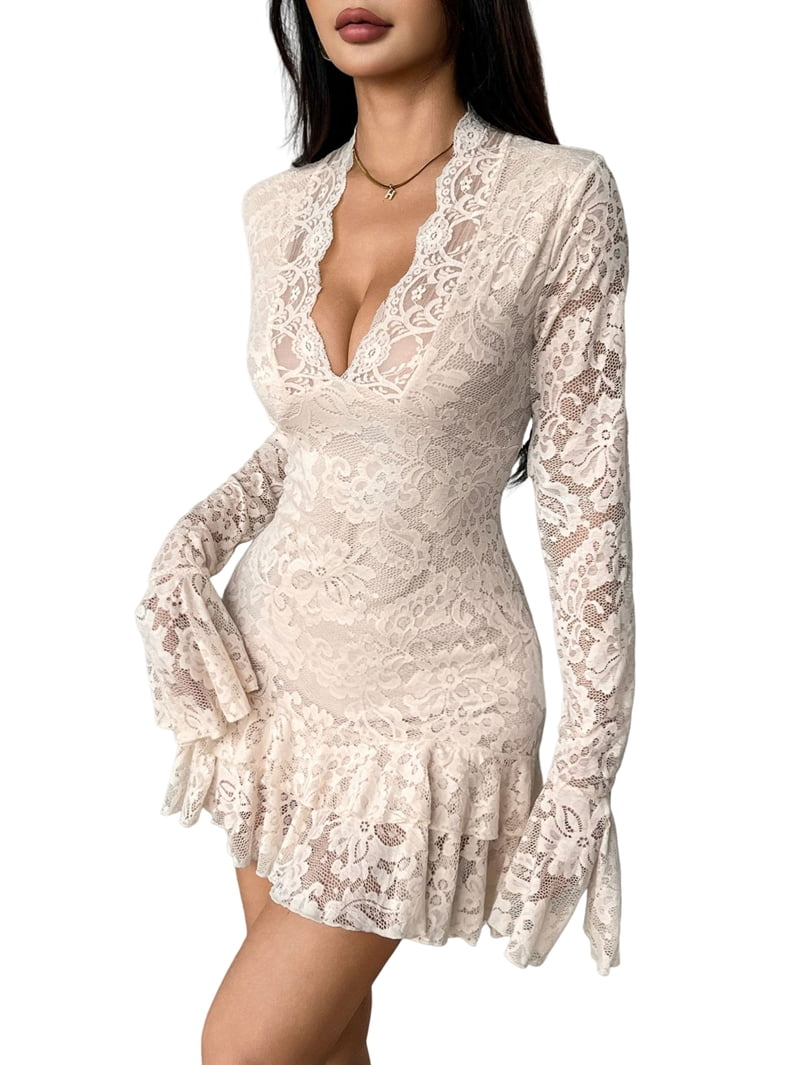 ChantMantras Women's Floral Lace Long Sleeve Mini Dress in Cream (photo 2)