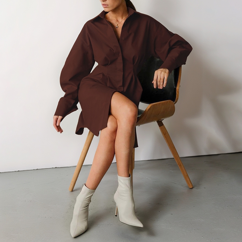ChantMantras Women's Long Sleeve Pleated Waist Shirt Dress in Brown (photo 5)