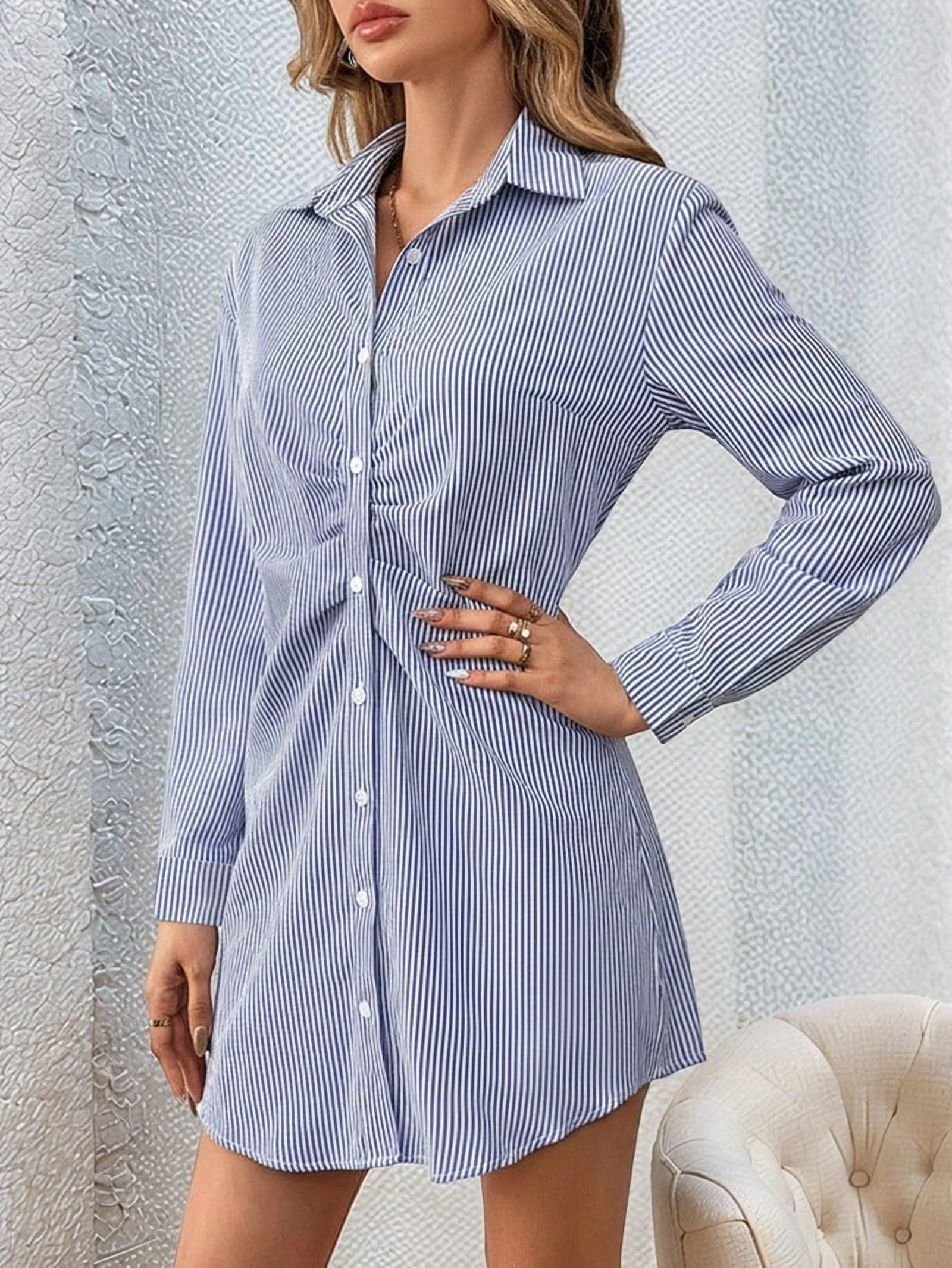 ChantMantras Women's Striped Ruched Waist Shirt Dress in Blue and White (photo 5)