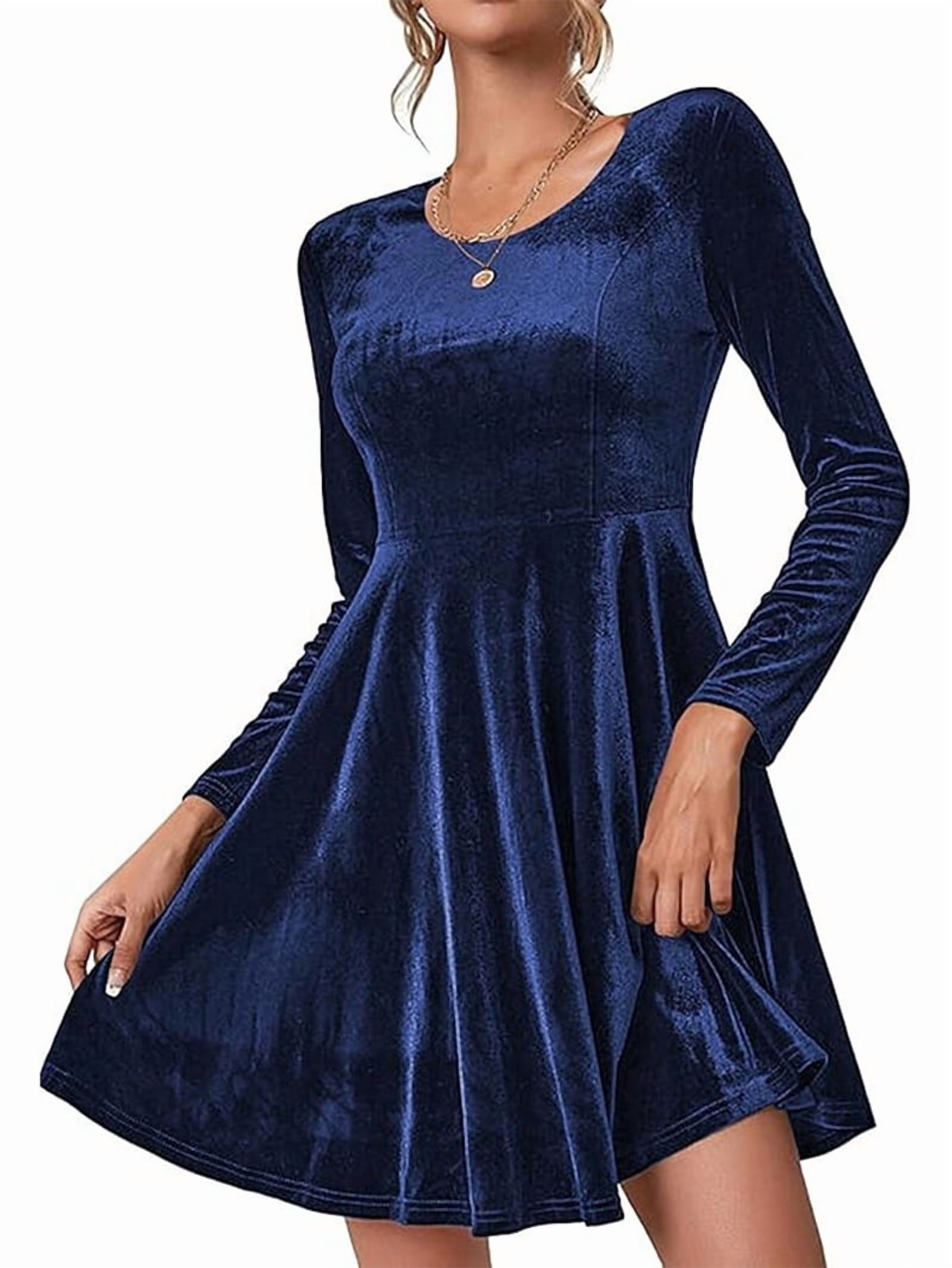 ChantMantras Women's Long Sleeve Velvet Swing Dress in Navy (photo 2)