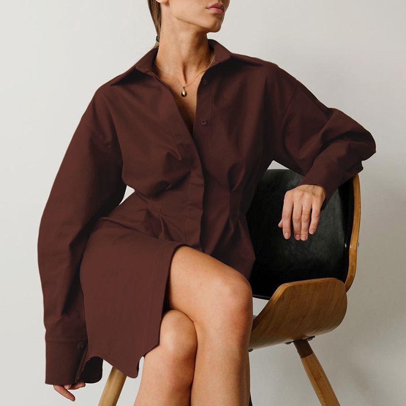 ChantMantras Women's Long Sleeve Pleated Waist Shirt Dress in Brown (photo 6)