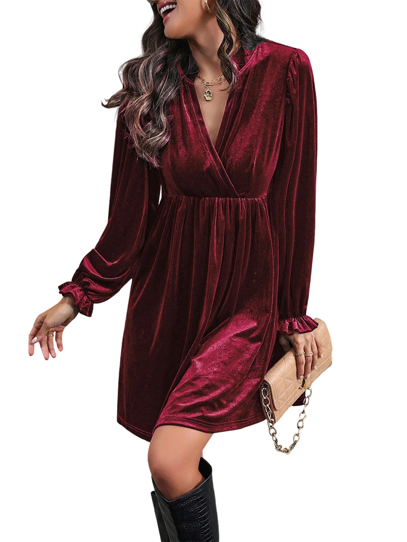 ChantMantras Women's Long Sleeve Velvet Babydoll Dress in Wine Red (photo 3)