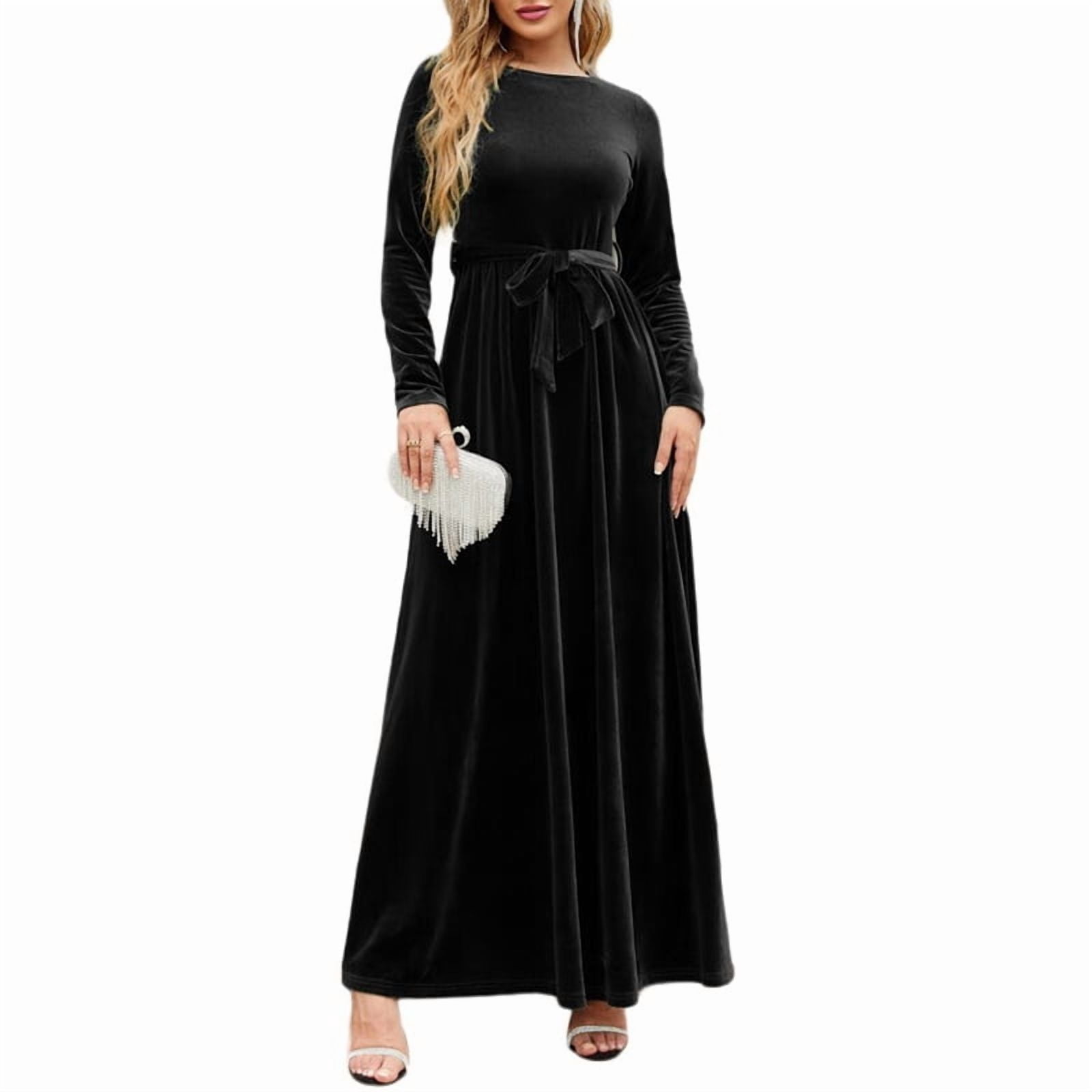 ChantMantras Women's Belted Velvet Maxi Dress with Pockets in Black