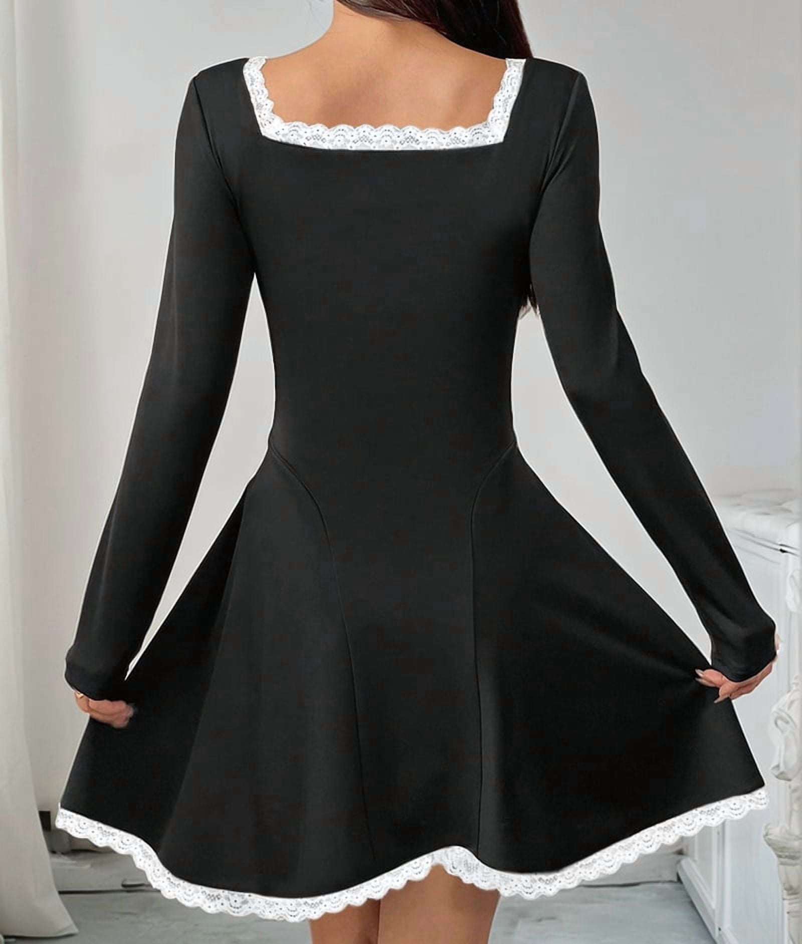 ChantMantras Women's Lace Trim Square Neck Mini Dress with Bow in Black (photo 7)