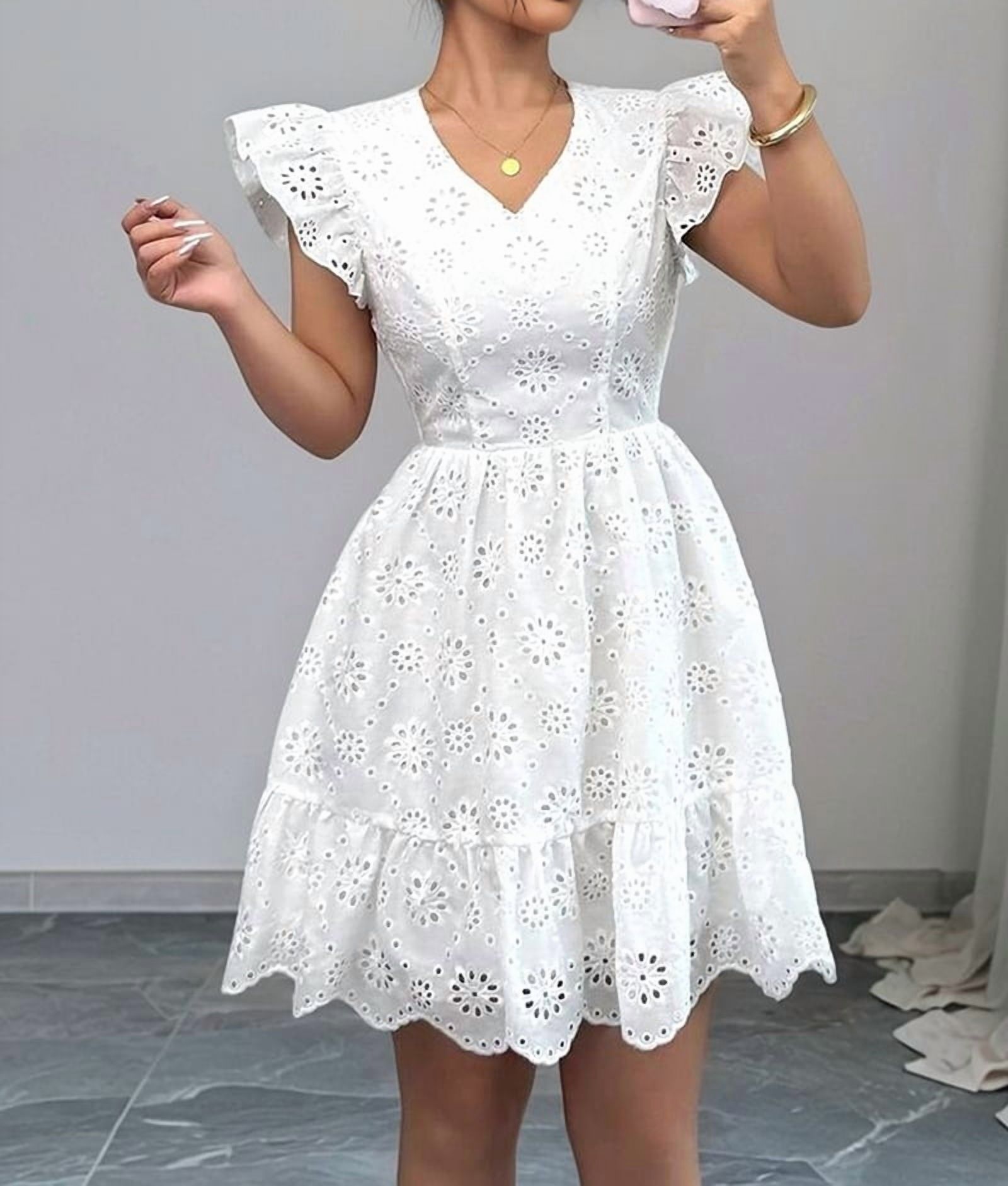 ChantMantras Women's Eyelet Lace Babydoll Mini Dress in White (photo 7)