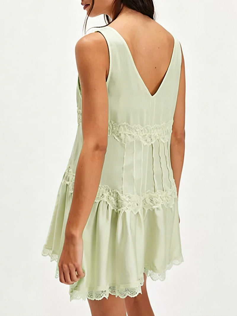 ChantMantras Women's Lace Trim V-Neck Slip Mini Dress in Sage Green (photo 7)