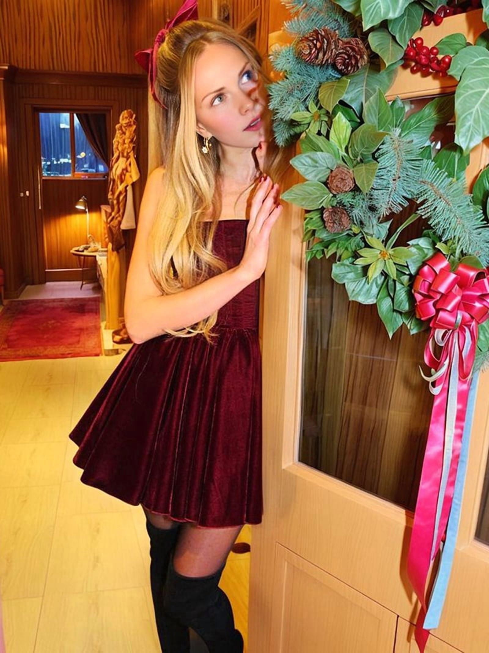 ChantMantras Women's Velvet Corset Mini Dress with Pleated Skirt in Wine Red (photo 6)