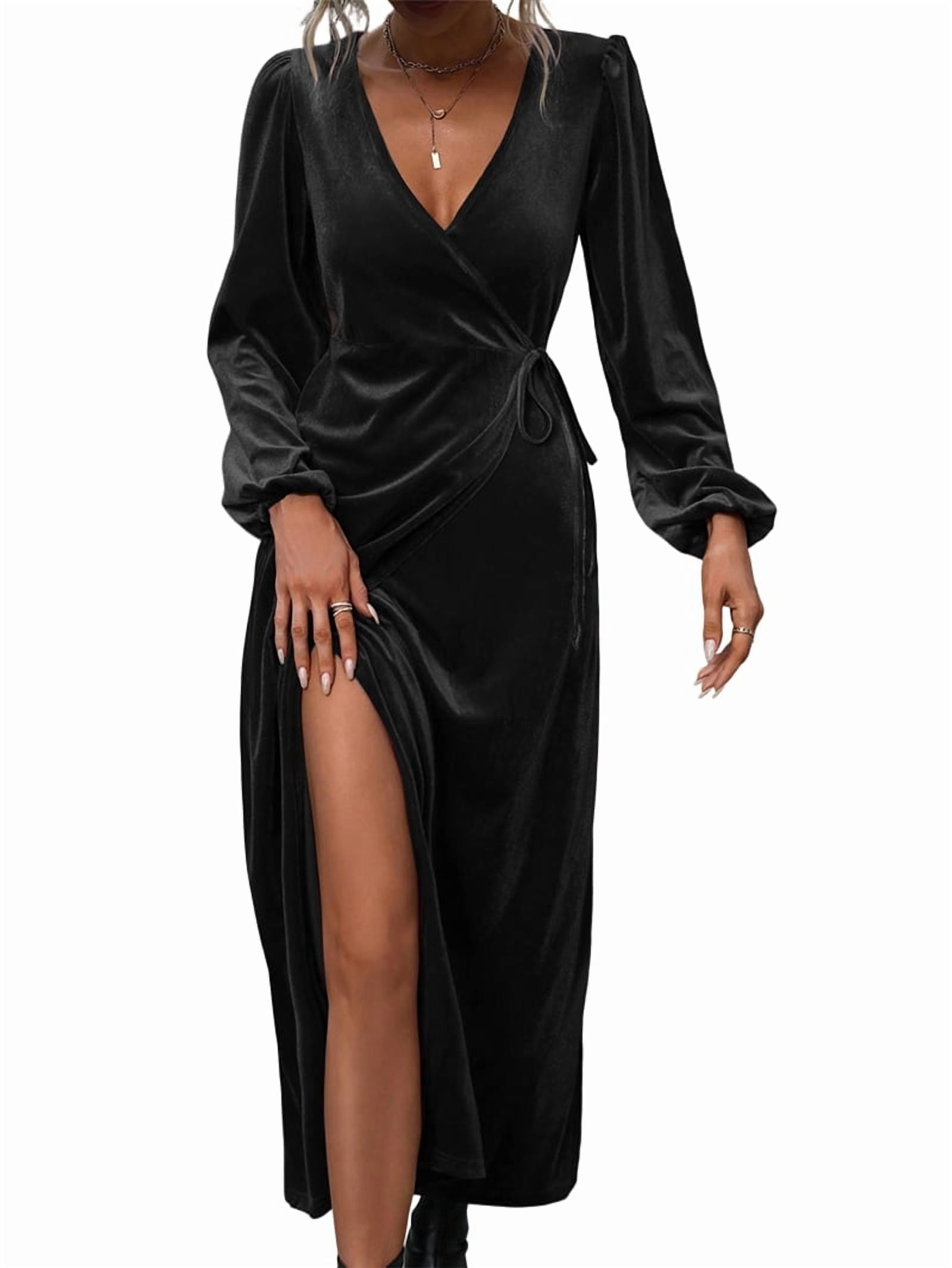 ChantMantras Women's Long Sleeve Velvet Wrap Dress with Slit in Black