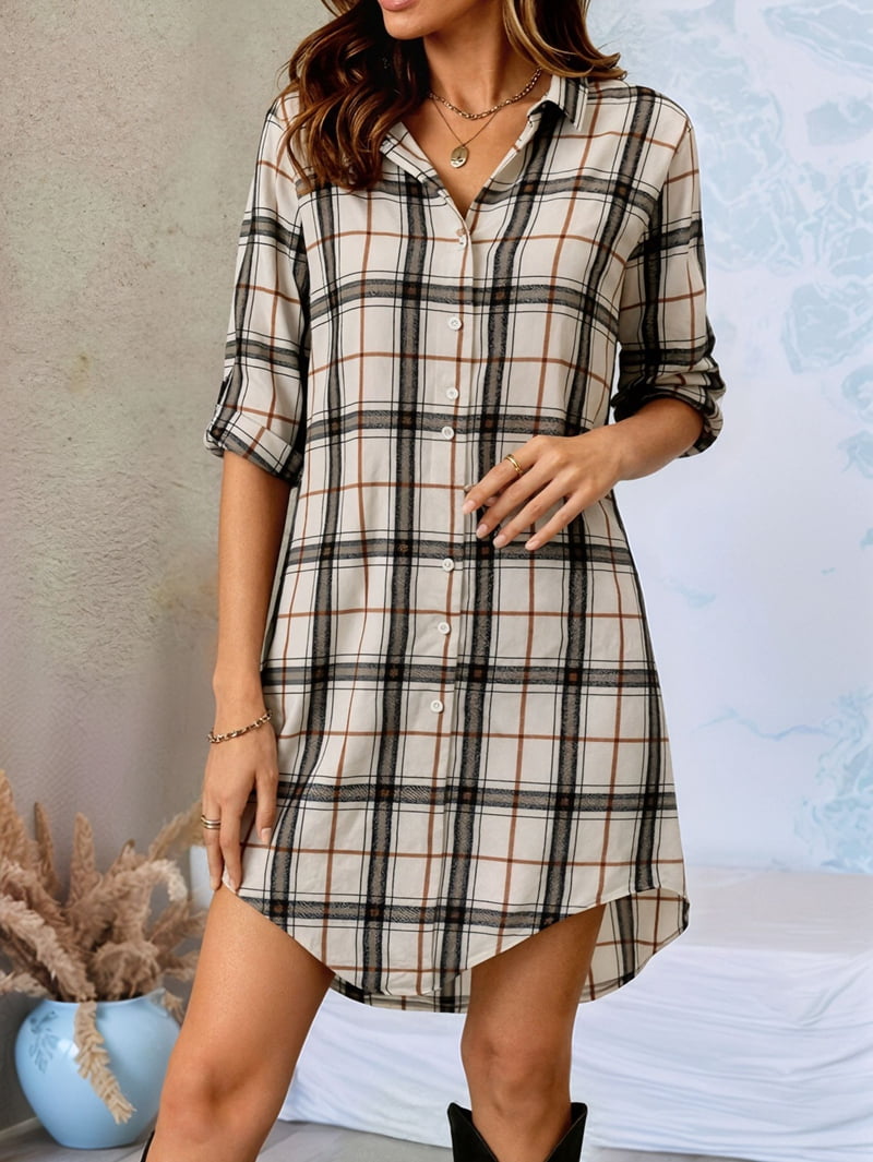 ChantMantras Women's Plaid Long Sleeve Shirt Dress in Beige and Black (photo 4)