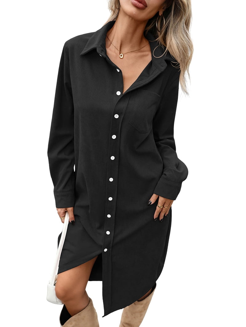 ChantMantras Women's Corduroy Shirt Dress in Black (photo 2)