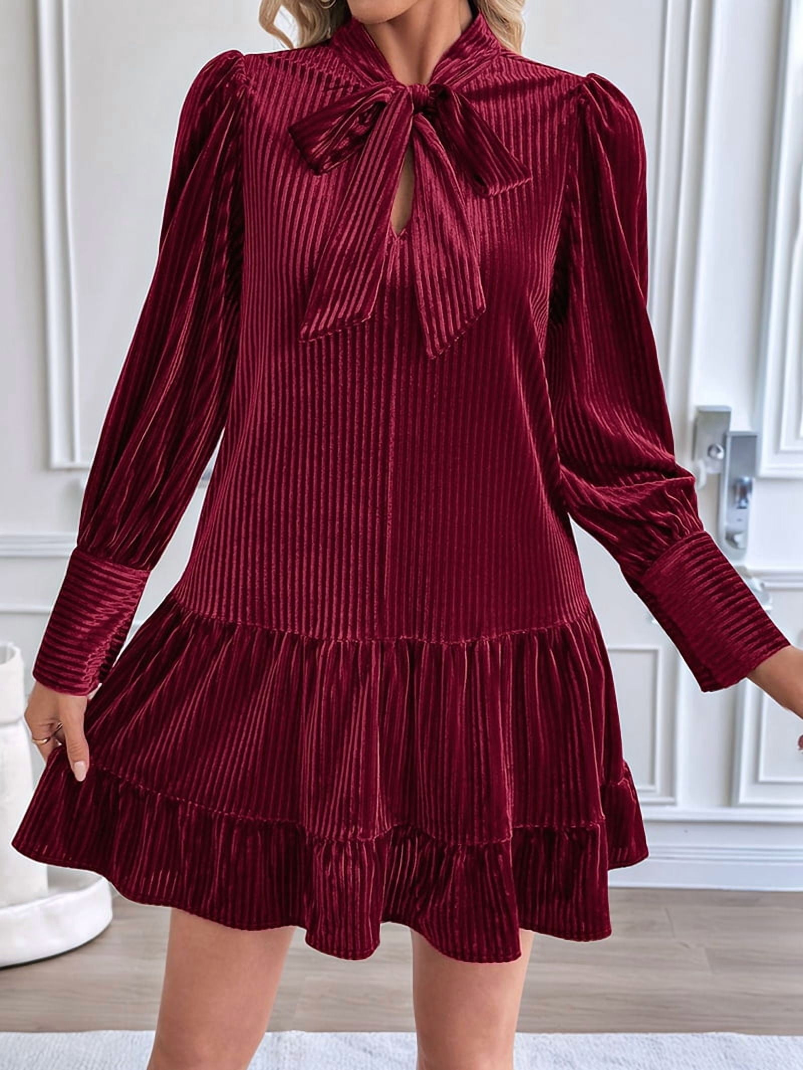 ChantMantras Women's Bow Tie Neck Velvet Babydoll Mini Dress in Wine Red (photo 8)