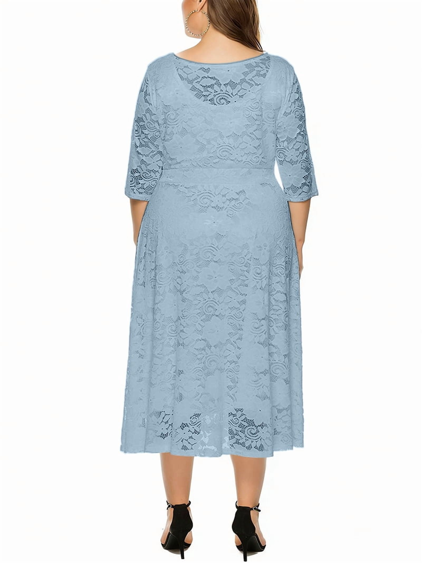 ChantMantras Women's Floral Lace Midi Dress with Pockets in Dusty Blue (photo 4)