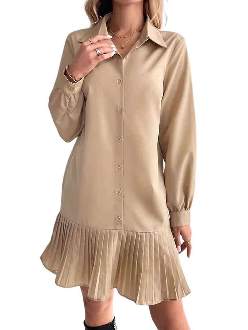 Long sleeve shirt dress with a pleated hem in khaki