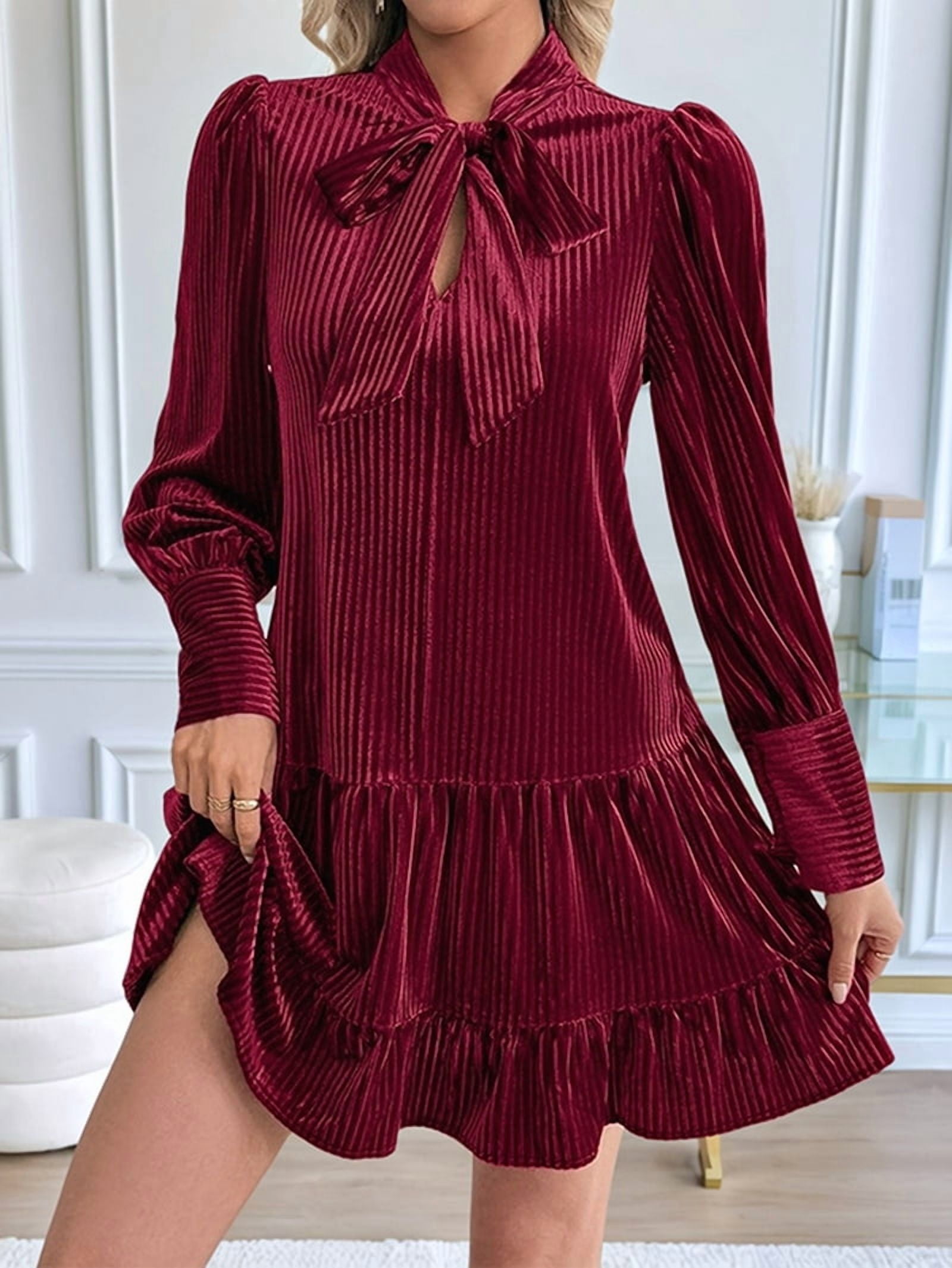 ChantMantras Women's Bow Tie Neck Velvet Babydoll Mini Dress in Wine Red (photo 5)