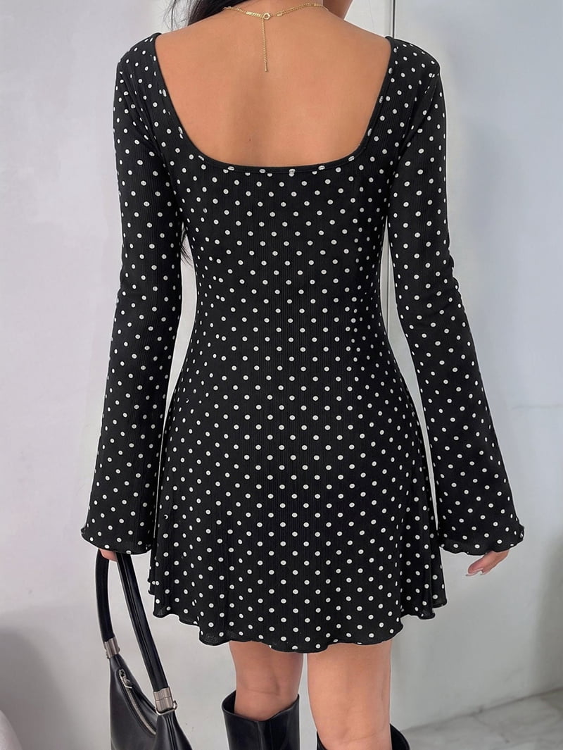 ChantMantras Women's Polka Dot Lace Trim Long Sleeve Mini Dress in Black (photo 8)