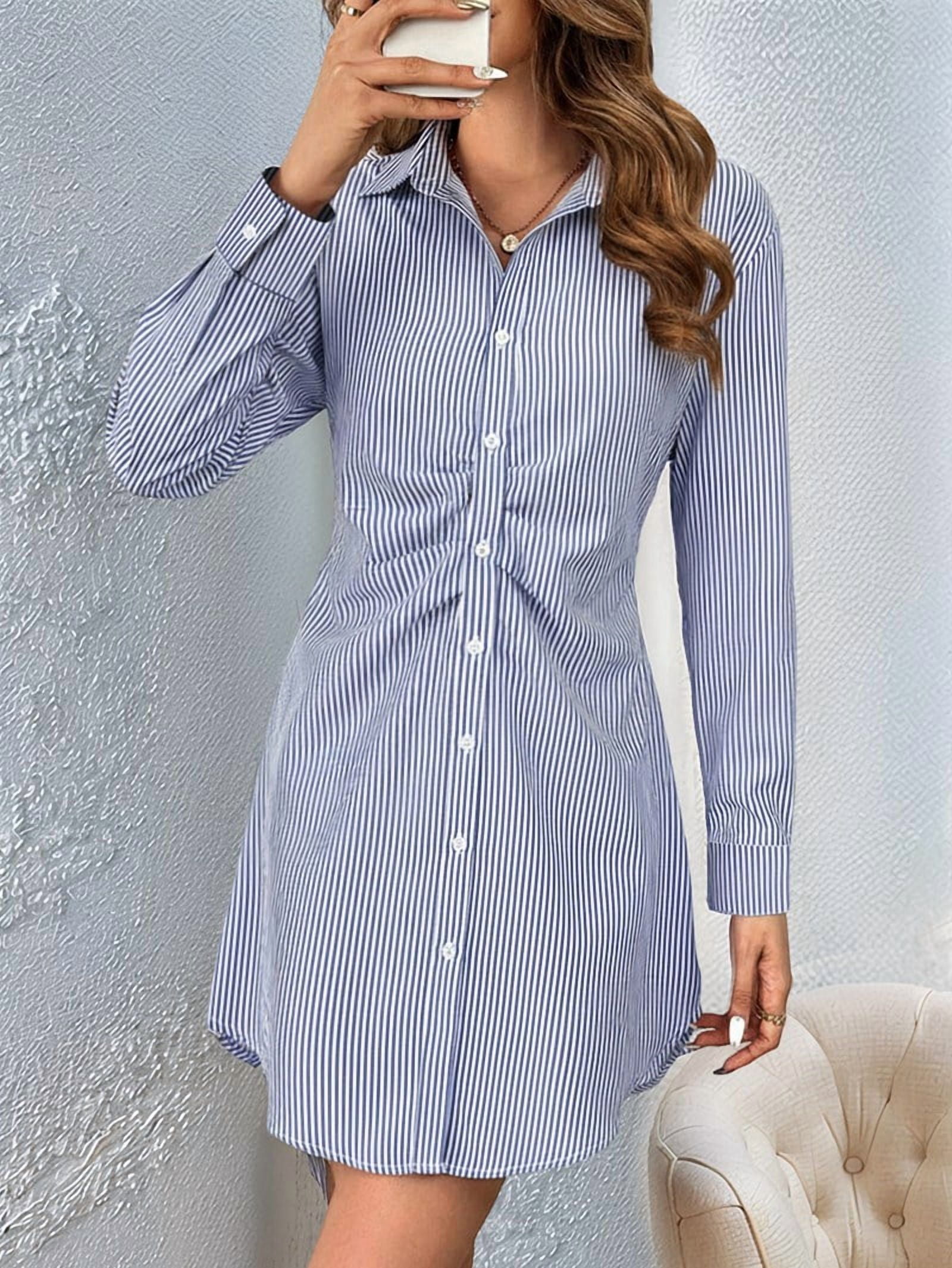 ChantMantras Women's Striped Ruched Waist Shirt Dress in Blue and White (photo 6)