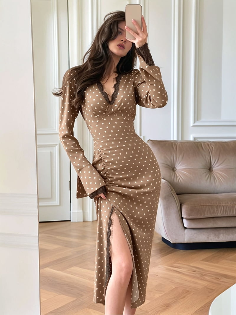 ChantMantras Women's Polka Dot Lace Trim V-Neck Midi Dress in Tan (photo 6)