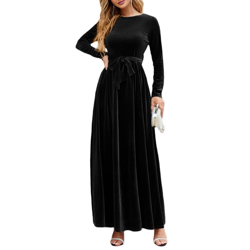 ChantMantras Women's Belted Velvet Maxi Dress with Pockets in Black (photo 2)