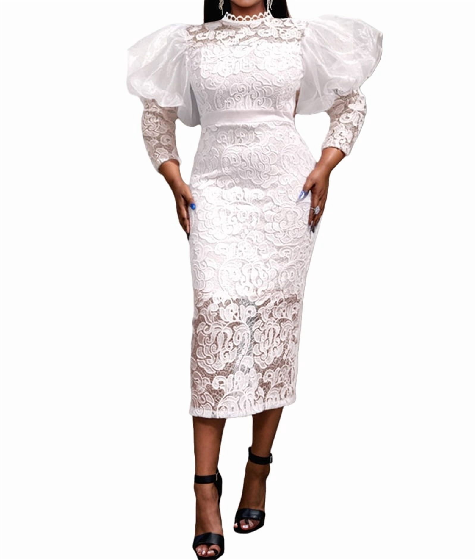 ChantMantras Women's Puff Sleeve Lace Pencil Midi Dress in White (photo 3)