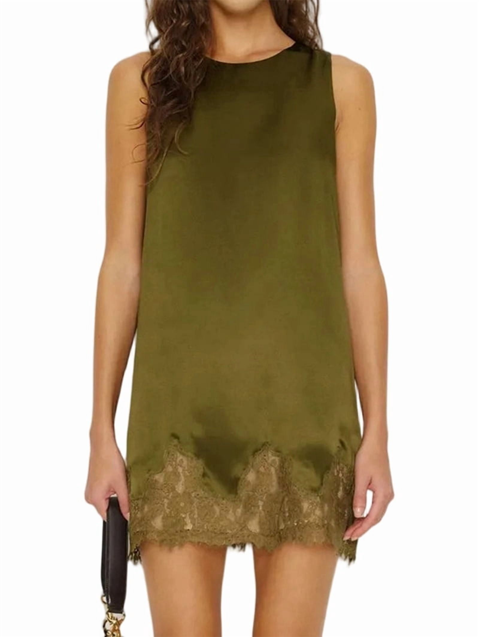 ChantMantras Women's Sleeveless Lace Hem Shift Dress in Olive Green (photo 2)