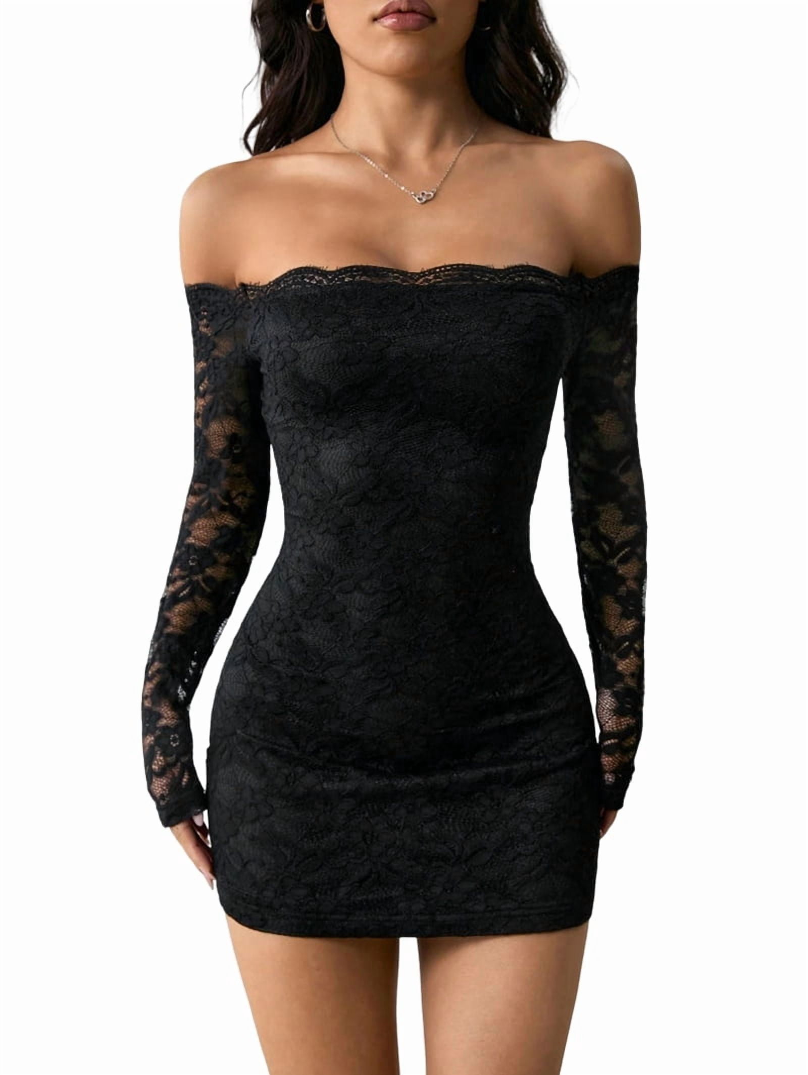 ChantMantras Women's Off the Shoulder Lace Bodycon Mini Dress in Black
