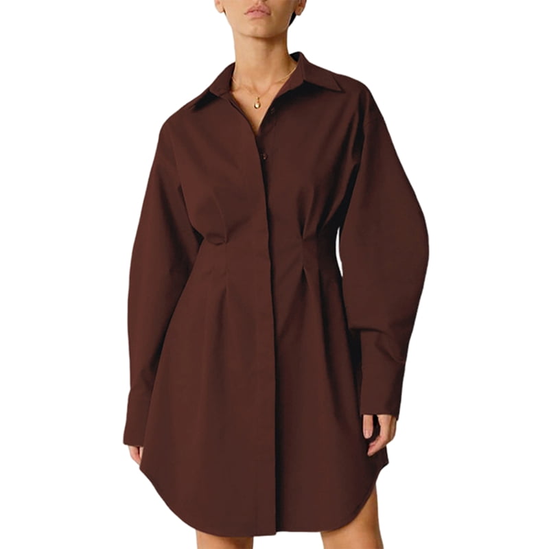 ChantMantras Women's Long Sleeve Pleated Waist Shirt Dress in Brown (photo 3)