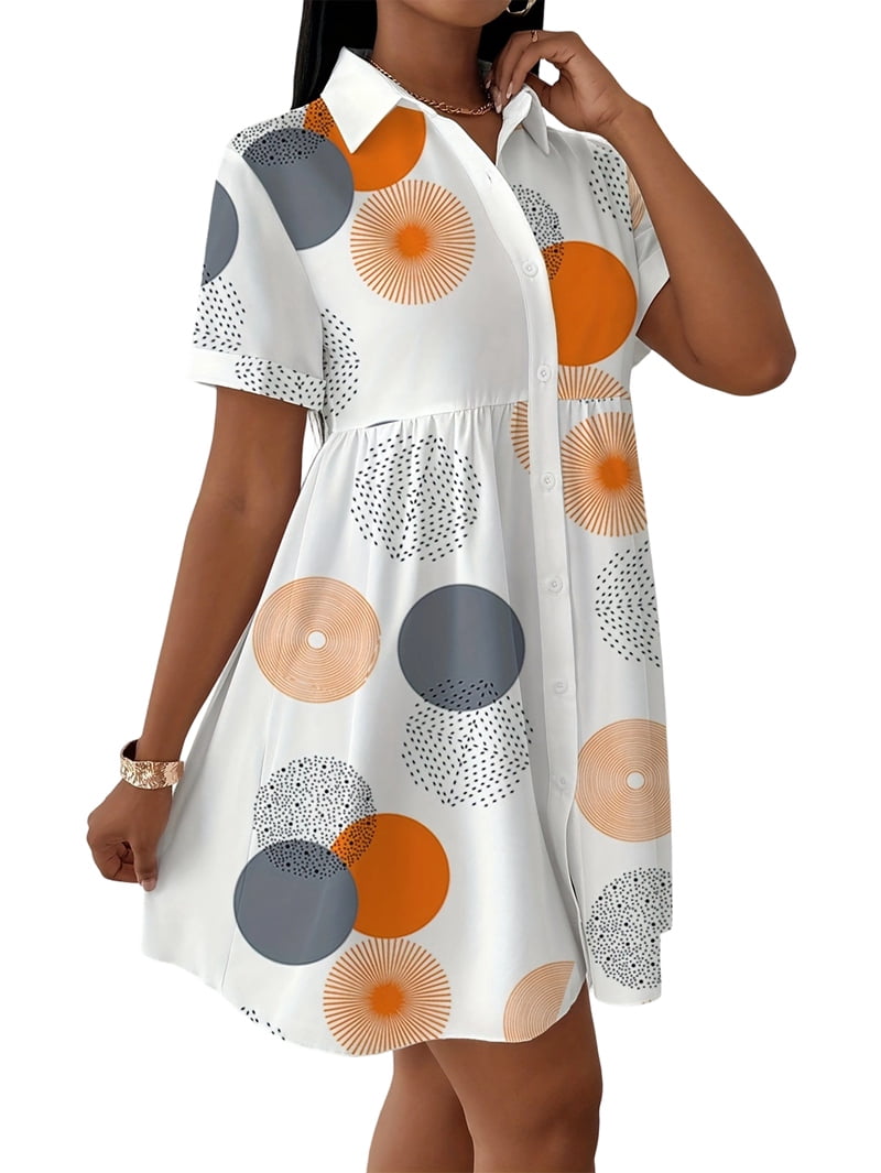 ChantMantras Women's Short Sleeve Circle Print Shirt Dress in White