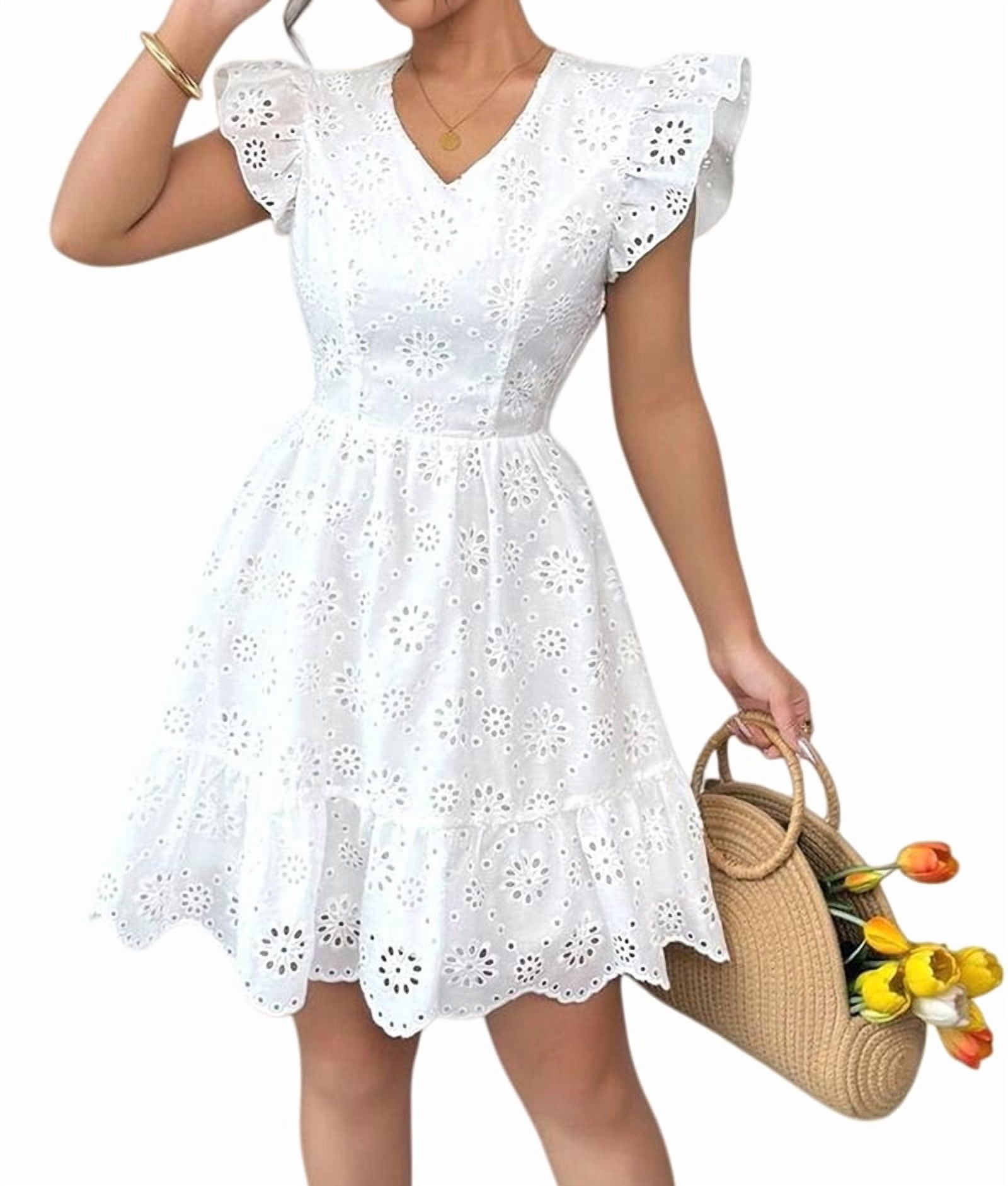 ChantMantras Women's Eyelet Lace Babydoll Mini Dress in White