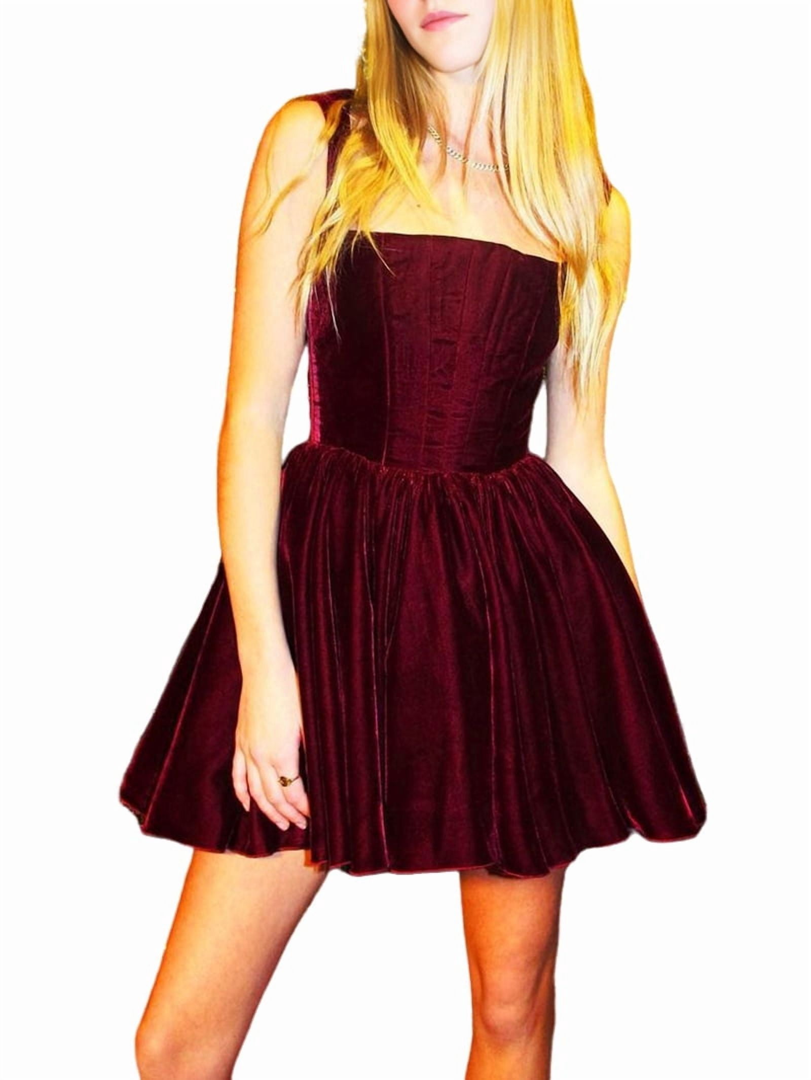ChantMantras Women's Velvet Corset Mini Dress with Pleated Skirt in Wine Red (photo 3)