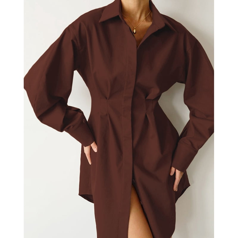 ChantMantras Women's Long Sleeve Pleated Waist Shirt Dress in Brown (photo 9)