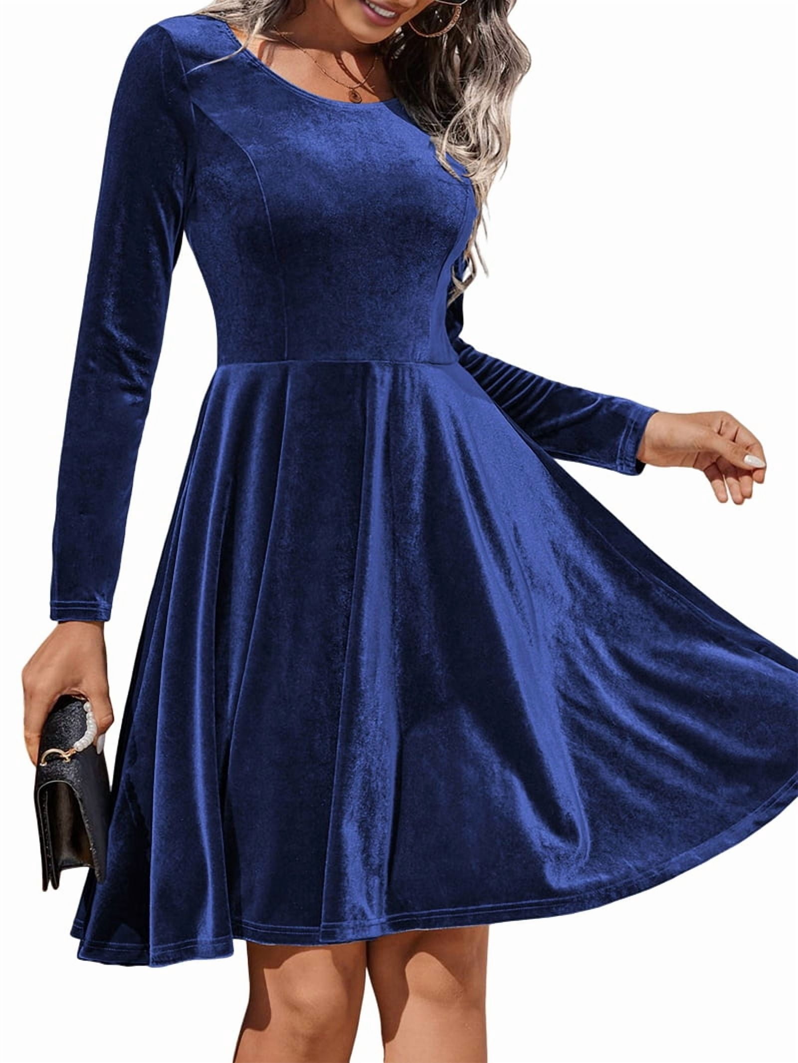 ChantMantras Women's Long Sleeve Velvet Swing Dress in Navy (photo 3)