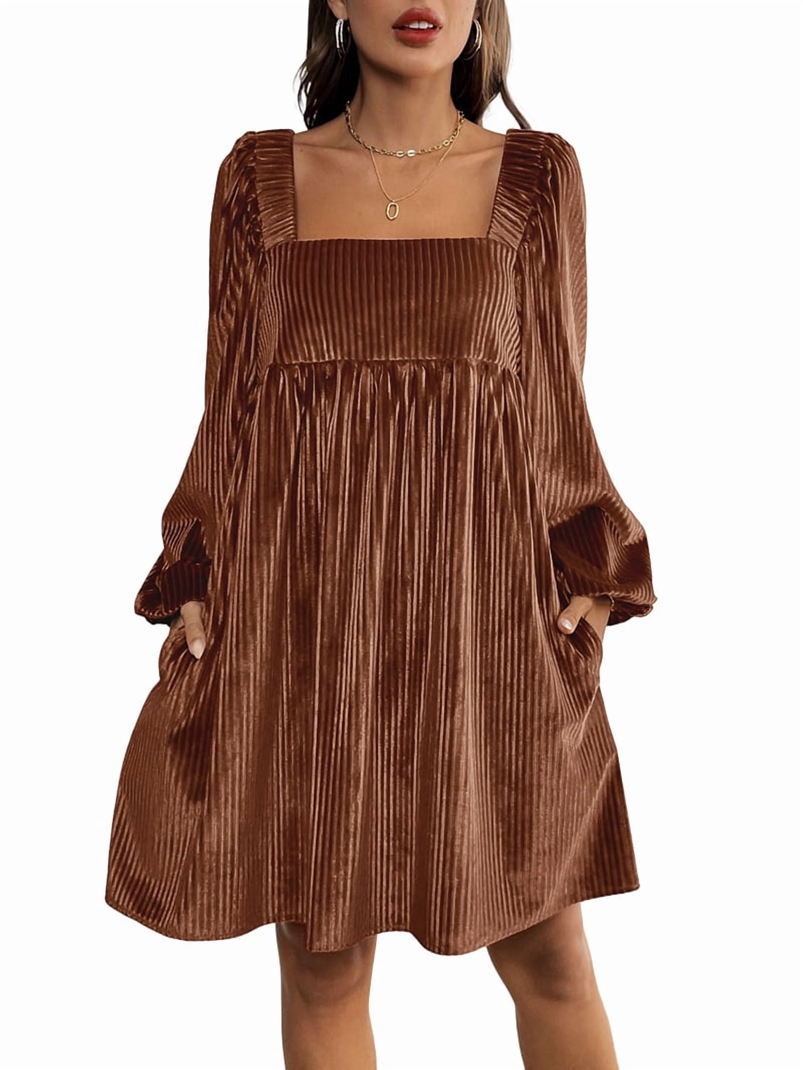 ChantMantras Women's Square Neck Velvet Babydoll Mini Dress in Brown (photo 2)