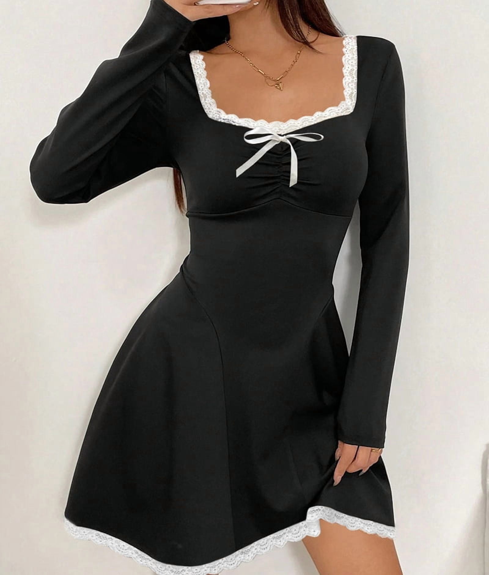 ChantMantras Women's Lace Trim Square Neck Mini Dress with Bow in Black (photo 6)
