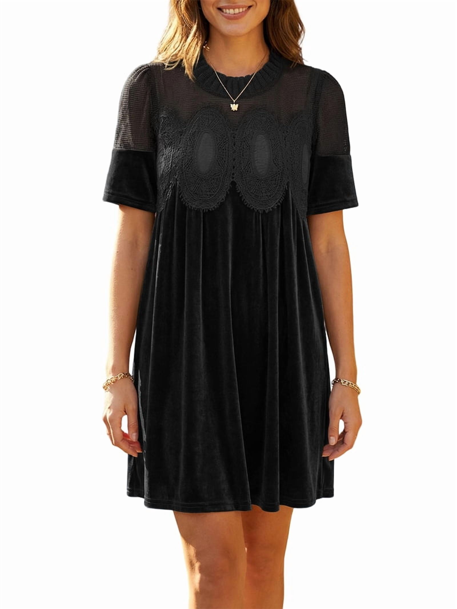 ChantMantras Women's Short Sleeve Velvet Babydoll Dress with Lace Yoke in Black